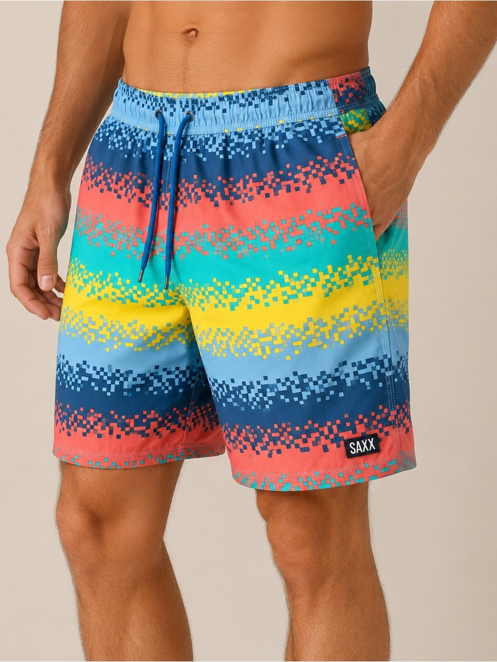 Saxx Men's Colorblock Pixel Stripe Swim Trunks in Blue, Yellow, Coral, Teal